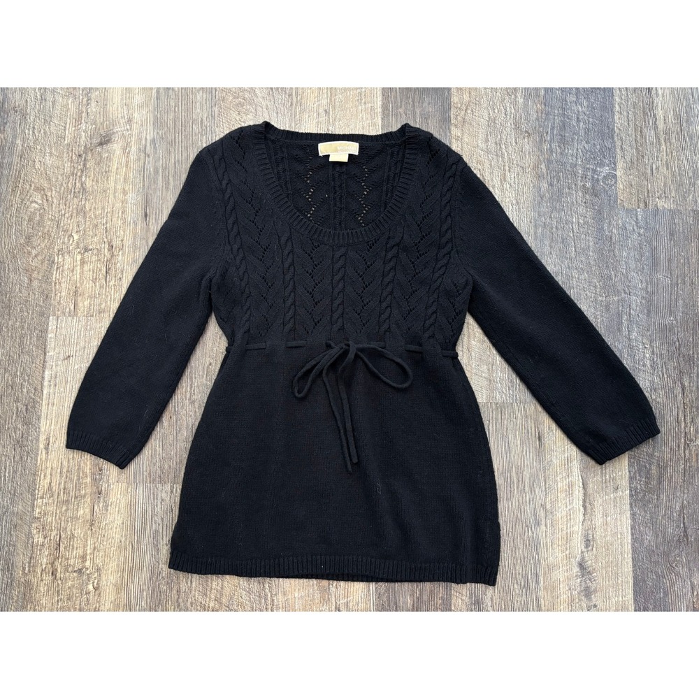 Michael Michael Kors Black‎ Cable Knit Angora Blend Tie Waist Tunic Sweater L